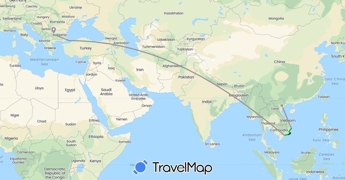TravelMap itinerary: driving, bus, plane in Bulgaria, Turkey, Vietnam (Asia, Europe)